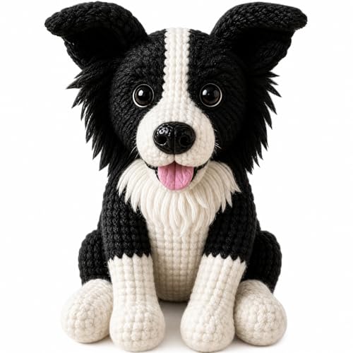 FACE N FACE DIY Crochet Border Collie Dog Kit for BeginnersAmigurumi Stuffed Dog Knitting Kit with Yarn Hook Safety Eyes & Step-by-Step InstructionsEasy Beginner Crochet Craft for Dog Lovers