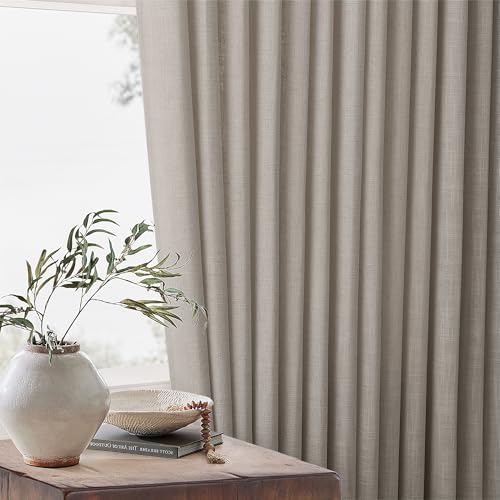 Image of Taupe Burlywood Pinch Pleat Linen Curtains 120 Inches Long 60 Inch Wide for Patio Sliding Door Light Filtering Semi Sheer Pleated Drapes Back Tab Extra Wide 60 x 120 Curtain for Living Dining Room