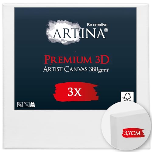 Artina 3er Set 3D Leinwand 40x40cm – Bespannt auf stabilem FSC® Keilrahmen, verzugsfrei, 3-fach weiß vorgrundiert, Premium Qualität, 100% Baumwolle, 380 g/m² – Künstlerbedarf