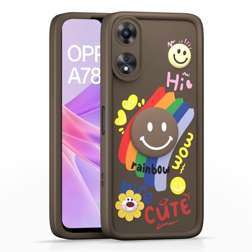 Image of Pikkme Back Cover for Oppo A78 5G | Soft Silicone| Cute Rainbow Smile & 3D Cartoon Flower Design | Shockproof Raised Camera Protection Bumper Case (Brown)