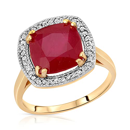 Galaxy Gold GG 14K Solid Yellow Gold Cushion Cut Genuine Brilliant Grade AAA Ruby Ring 6.9 CTW with Natural Diamonds