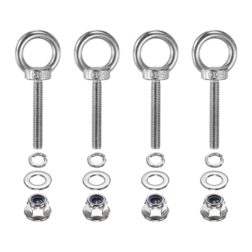 Image of PATIKIL M6 x 40mm Shoulder Eye Bolt, 4 Pcs 304 Stainless Steel Lifting Ring Threaded Eye Bolt with Flange Lock Nuts Spring and Flat Washers for Hanging Tie Down Straps Outdoor Indoor