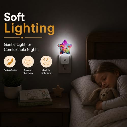 Image of Magic Mushrooms Star Night Light Plug in, Decorative Night Light for Kids Room Nursery Bedroom, Soft Glow Sensor Lamp for Hallway Bathroom, Compact Energy Saving