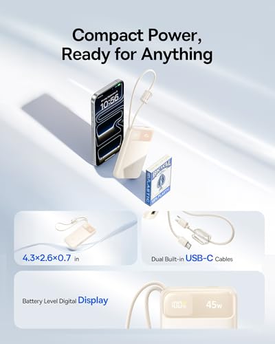 Image of Baseus 45W Ultra Slim 10000mAh Power Bank Built-in USB-C Cables, CCC Certified Portable Charger, Travel Essential Fast Charging Pocket Size Phone Battery Pack for iPhone 17 16 Samsung S25 S24 iPad