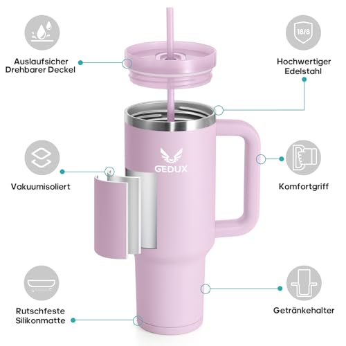 Image of Drinking Bottle with Straw, 1.2 L, Thermal Mug with Handle, Leak-Proof, Double-Walled Vacuum Insulation, Thermal Mug with Straw, Splash-proof Lid (Purple)