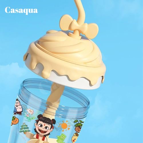 Image of Glass Tumbler with Lid & Straw - 400ml, Set of 1, Cute Bow Handle Sipper Cup, Glass Drinking Cup for Water, Juice, Milk & Smoothies, Cartoon Printed Kids Cup (Receiving Random Color)