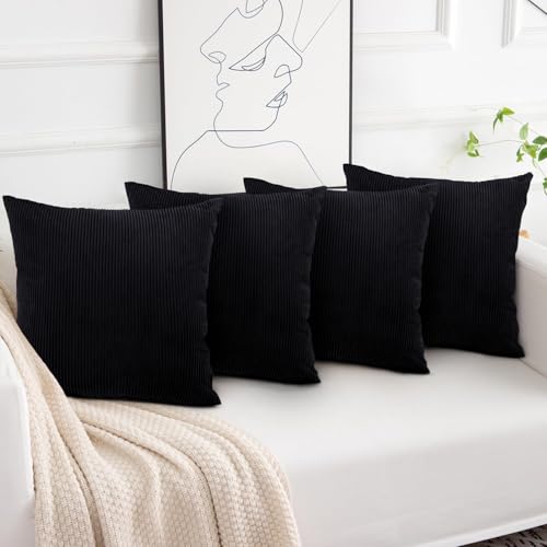 Aspire Homeware Black Cushions with Covers Included 45 x 45 cm Pack of 4 (4-Cushion Covers 4-Inserts) with Invisible Zipper Pattern Cushion for Home Décor Bedroom & Sofa (18x18 Inchs)