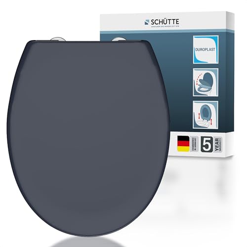 SCHÜTTE Oval WC-Sitz mit Absenkautomatik Abnehmbarer Klodeckel aus bruchsicherem Duroplast DIY Montage mit Klebepads und Schablone Toilettendeckel und Brille bis 200 kg belastbar Anthrazit