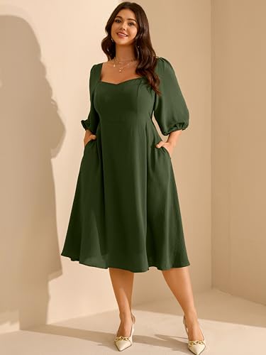 RWJ Plus Size Dress for Women Fall 3/4 Sleeve Sweetheart Neck Aline Casual Wedding Guest Formal Midi Dresses with Pockets2