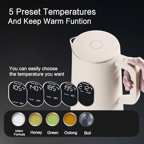 Image of 1.5L Electric Kettle Temperature Control, Cream White | Double Wall Cool Touch Teapot, Fast Boil, 5 Temperature Control, LED Display, Auto Shut-Off & Keep Warm