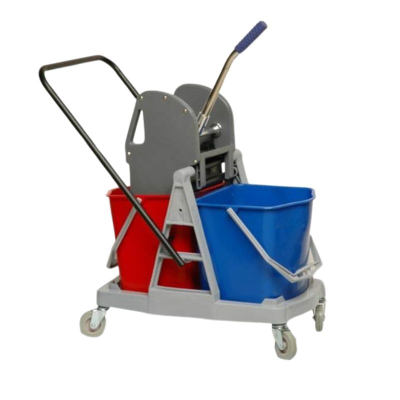 Chariot de ménage professionnel avec 2 seaux de 17 L et presse à mâchoire gris bleu rouge