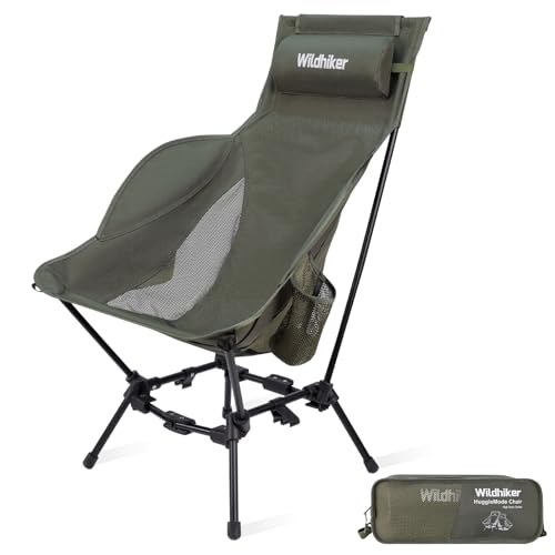 Wildhiker Compact High Back Camping Chair - Foldable with Dual Sitting Modes, Pillow, Arm Pads and Side Pockets - Lightweight Portable Chair for Motorcycle, RV, Festival, Travel - Green