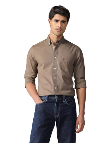 Image of U.S. Polo ASSN. Solid Tailored Fit Cotton Shirts for Men - 100% Cotton, Full Sleeve Mens Casual Shirts