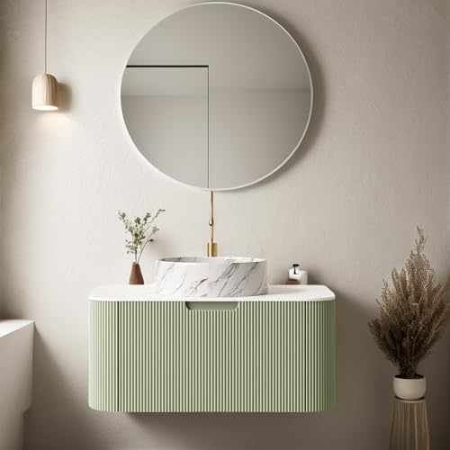 30" Solid Wood Bathroom Vanity with Sink, Wall Mounted Floating Bathroom Vanity with Ultra-Thin Marble Sink and Top, Large Drawer for Ample Storage Space and No Assembly Required, Light Green