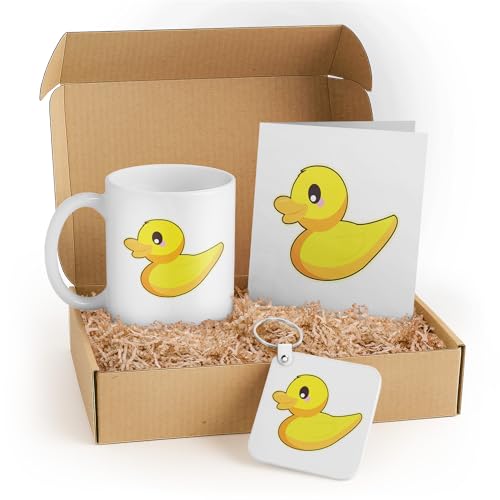 3dRose Kawaii Rubber Duck Gift Set with Mug, Card, and Keychain - Cute Yellow Duck for Kids' Birthdays and Adorable Decor