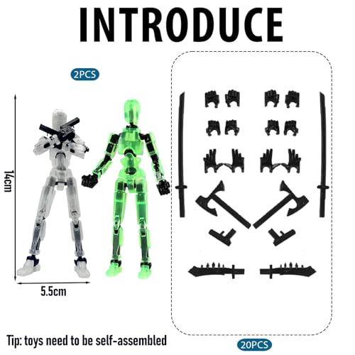 Image of RAMONI 2PCS Action Figure, Dummy 13 Action Figure Toys, Polyarticular Movable Titan 13 Action Figure Action,3D Printed Action Figure Toys for Desktop Decor&Game Lovers (Luminous Green, Transparent)