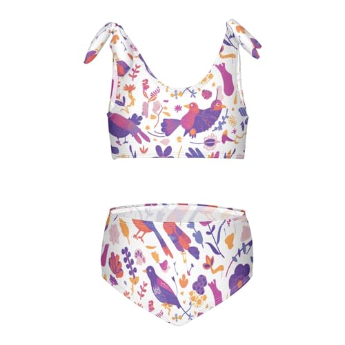 Mexican Otomi Style Girls 2 Piecing Kids Bikini Set Scoop Neck Swimsuits Swimming Suits Adjustable Strap