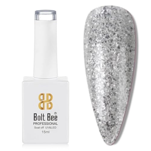 Image of Bolt Bee Silver Glitter Color Gel Nail Polish Soak Off UV Gel DIY at Home Manicure Salon Nail Art (151, 15ml)