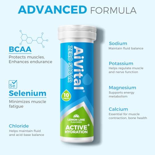 AiVital™ Sugar Free Electrolyte Tablets, Essential Electrolytes with BCAA and Selenium for Active Hydration-No Sugar, Keto Friendly, Vegan and Non-GMO, 40 Servings