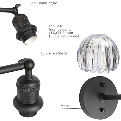 Image of Yosoan Boho Indoor Vintage Wall Sconce with Flower Shade, 1-Light Modern Vanity Industrial Hardwired Wall Mounted with Transparent Tulip Shade for Living Room Bedroom Kitchen Hallway Home Decor(Black)