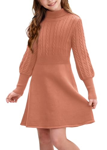 BesserBay Girls Winter Long Sleeve Sweater Dress Turtleneck Cable Knitted Pullover Midi Dress 6-14 Years