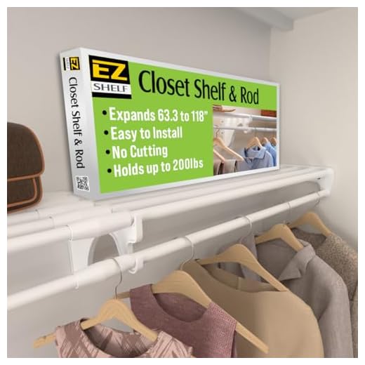 EZ Shelf DIY Expandable - Closet Shelf with Hanging Rod - 63.3” - 118” - White - Mounts to 2 Sidewalls (No End Brackets) - Easy to Install-Strong - Alternative to Closet Wire Shelving - EZS-SCRW118