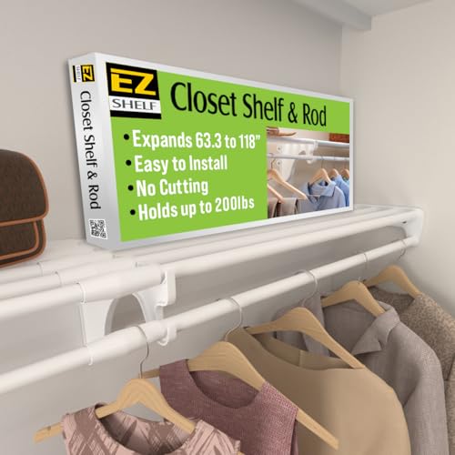 Image of EZ SHELF - Hanging Shelf - Closet Rod - Expands 63.3-118 inch - White, Closet Shelves - Strong, Holds 200 lbs - DIY, Easy Install - to 2 Side Walls - Alternative to Wire Shelving