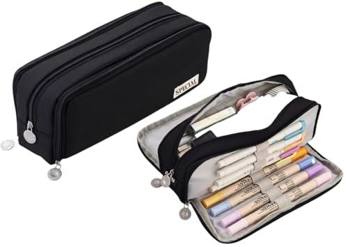 Image of Aesthetic Large Pencil Case 3 Compartments Zipper Pencil Pouch Big Capacity Pencil Bag for Kids Girls Boys Student School Supplies Oxford Organizer Cosmetic Makeup Pouch (Black)