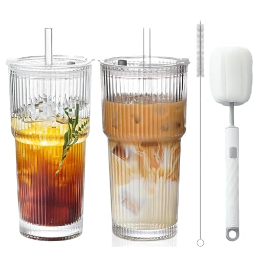 DAILIENFUS Gerippte Glasbecher mit Deckel und Strohhalm 600ml (2er Set) - Hochwertige Doppelwandige Becher, Temperaturbeständig & Luftdicht - Ideal für Heiße/Kalte Getränke, Camping, Geschenk