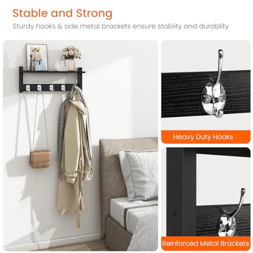 Image of Homode Wall Coat Rack With Shelf, Wood Entryway Hanger With Hooks, Small Floating Pegs for Hanging Coats, Hats, Purses, Backpacks, Black