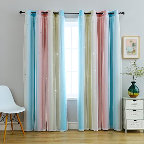 Image of Double Layer Dreamy Star Blackout Curtain 2 Panel W52 x L63,Green Pink