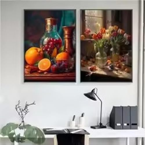 Toile murale moderne fleurs et bouteilles de fruits, peinture d'art