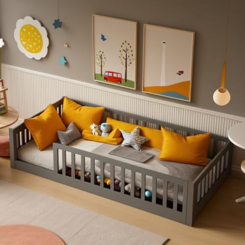 PVWIIK Twin Floor Bed w/Fence for Kids, Girls, Boys, Floor Bed with Safety Guardrails and Slats,No Box Spring Needed & Space Saving, Grey