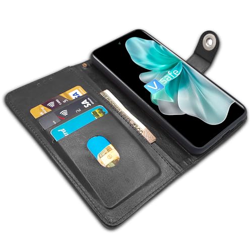 Image of Pikkme Vivo V30 5G Flip Cover Leather Finish | Inside TPU with Card Pockets | Wallet Stand and Shock Proof | Complete Protection Button Flip Case (Black)