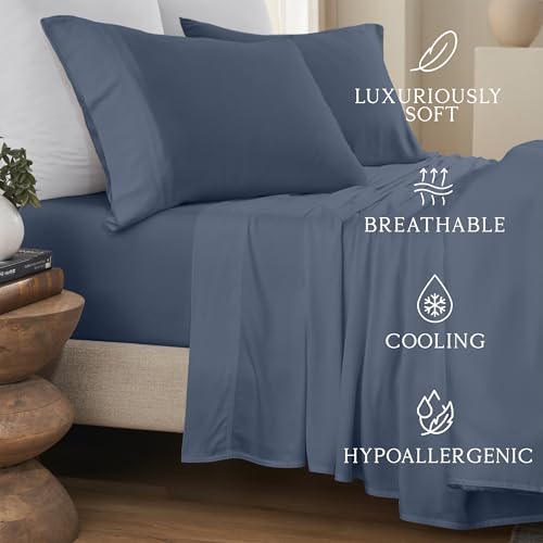 Image of KARISSA MAE 7 Piece Luxury Bamboo Viscose Split King Sheets, FSC Certified | Includes 2 Twin XL Fitted Sheets | Sleep Number & Adjustable Bed | Cooling | 18 inch Deep Pocket | 4 Pillowcases [Slate Blue]