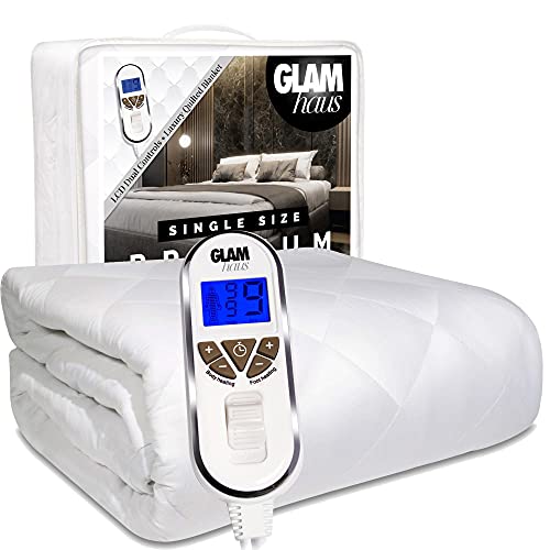 GlamHaus Manta eléctrica de tamaño Individual – Funda de colchón Ajustable – Acolchado de Diamantes Blanco Premium – Ajustes de Calor para pies y Cuerpo, Temporizador y Lavable a máquina
