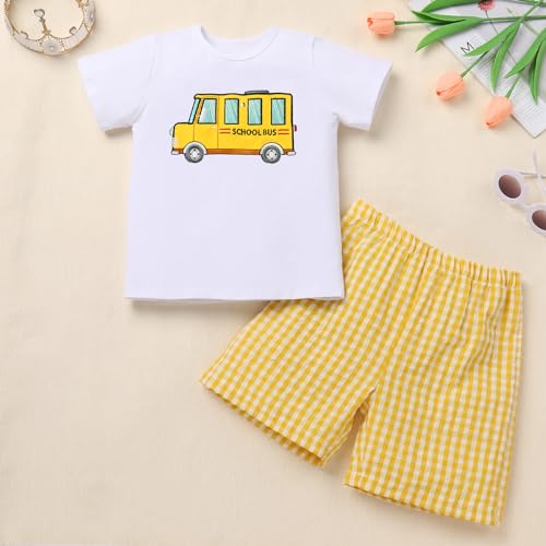 Image of OBEEII Back to School Outfit Toddler Boy Short Sleeve Graphic Shirt Gingham Shorts First Day of School Summer Clothing Set