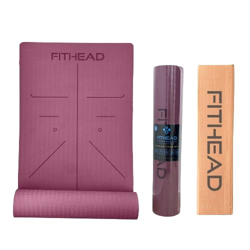 FitHead Alignment Yoga Mat + Sleek Yoga Strap For Men and Women | Non-Slip Textured Extra Wide & Thick | Exercise Mat For Home Workout Yoga Mat For Women Gym Mat Anti Slip Yoga Mat Workout Mat Yoga Mat For Kids Yoga Mate Gym Mats For Workout At Home 6mm -Wine