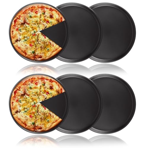 JMIATRY 6 Pcs Baking Tray, 12 Inch Carbon Steel Non-Stick Pizza Pan, Black Round Oven Tray for Home Kitchen, Bakery, Restaurant