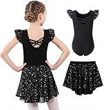 DIPUG Ballet Leotards for Girls Dance Leotard Toddler Removable Shiny Skirts Ballerina Combo Outfit Criss-Cross Back Short Sleeve Black 6 7 8 M