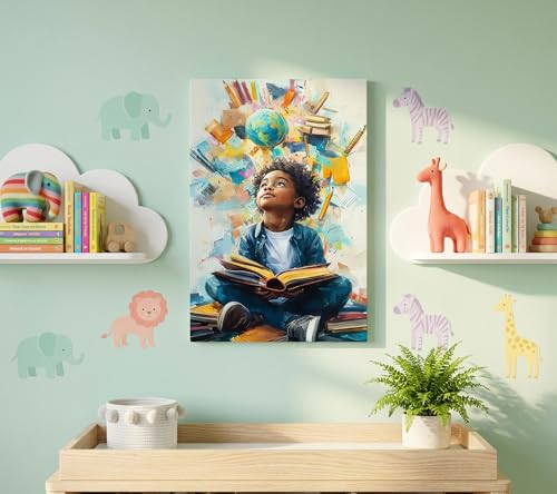 Image of Black Boy Reading Canvas Wall Art Inspirational Books For African American Boys Painting Picture Wall Decor African Boy Poster Print Artwork for Teenagers' Living Room Study Home Decoration 12x16in