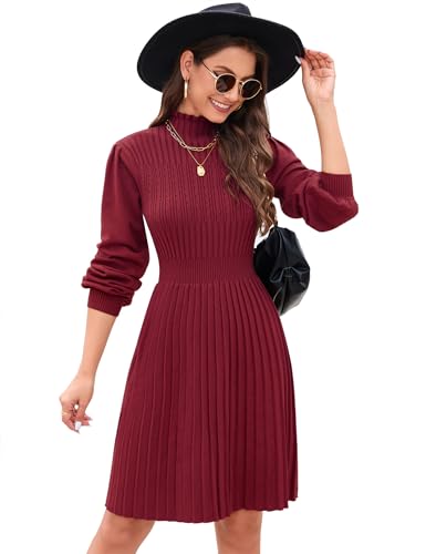 KOJOOIN Strickkleid Damen Elegant Rollkragen Pulloverkleid Langarm Tunika Kleid A Linien Minikleid Rundhals Pullikleid Rot M