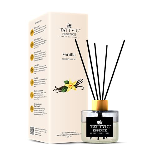 Image of Vanilla Reed Diffuser Set by Tattvic Essence | 6 Fiber Reed Sticks Free | Stress Relief & Aromatherapy | Long-Lasting, Smoke-Free Air Freshener for Home, Bedroom & Office | Ideal for Gifting | 120ml