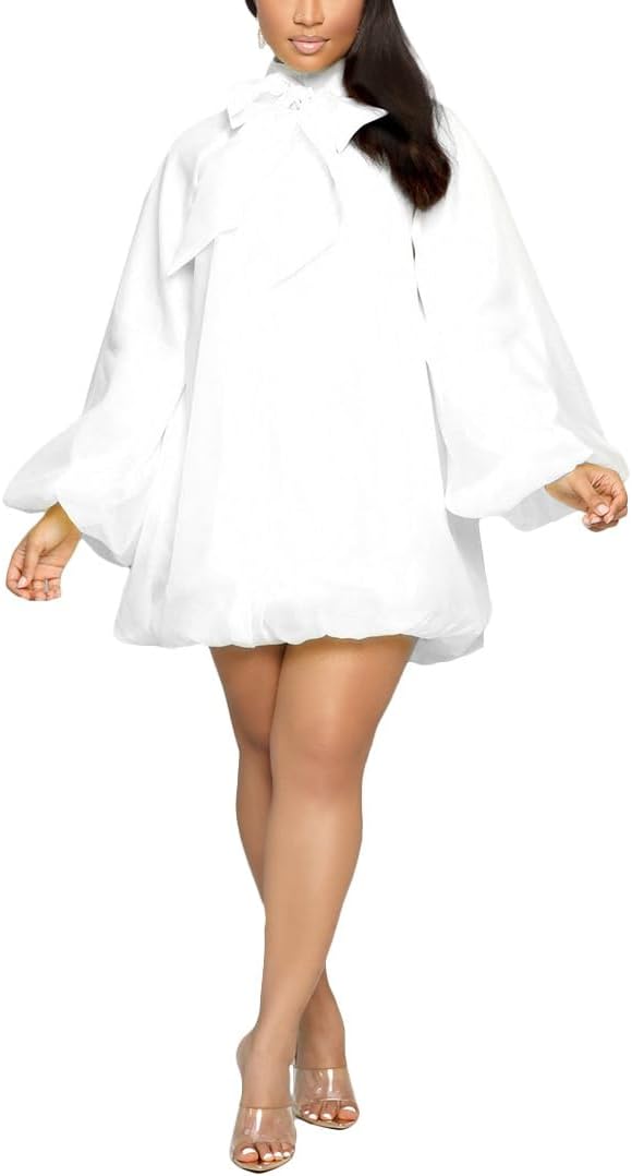 Yanfoam Women's Puff Long Sleeve Sweetheart Round Neck Dress Flowy Loose Chiffon for Cocktail Party Mini Dress