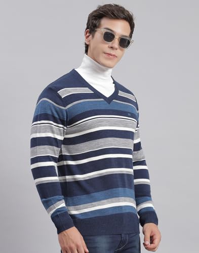 Image of Monte Carlo Royal Blue Striped V Neck Pullover | Warm Woolen Pullover for Men | Soft Comfortable Knitted Winter Wear Sweater for Men's