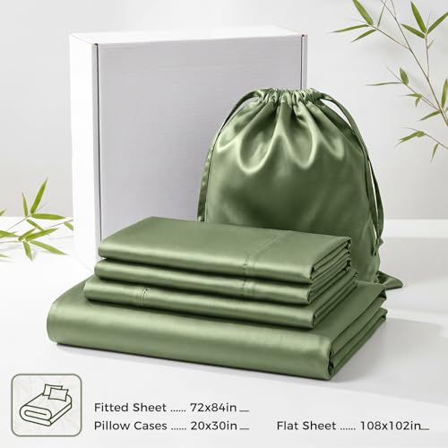 ANSSO Viscose Derived from Bamboo Sheets King Size, 400 TC Luxury Silky Bedding Sheets with 16" Deep Pocket,Ultra Breathable Cooling Bed Sheets for Hot Sleepers-4 Piece Set (Military Green) — view 5