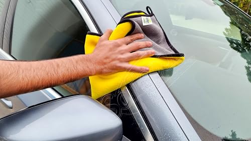 Image of SOFTSPUN Microfiber Cloth for Car Coral 800GSM 40X60cms 2 Pcs Yellow+Grey! Extra Thick Microfiber Cleaning Cloths Perfect for Bike, Auto, Cars Both Interior and Exterior.