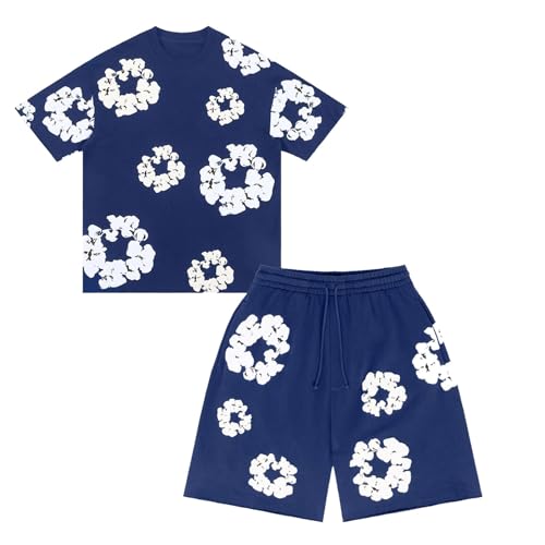 Jungen T-Shirt und Shorts Set 2 Teiliges Sommer Trainingsanzug Jogginganzug,Y2K Hip Hop Kurzarm T-Shirts und Hose, Unisex Sommer 2-Teilig Outfit Sportanzug, Denim Jogginganzug Jungen mit Blumen 152
