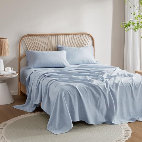 Hyde Lane Organic Linen Sheet Set - 4 Pcs Linen Cotton Bed Sheet Queen Size, Nature French Flax Cotton Blend Bedsheets for All Seasons - Soft & Breathable, 15" Deep Pocket (Queen, Blue) - Thumbnail 2