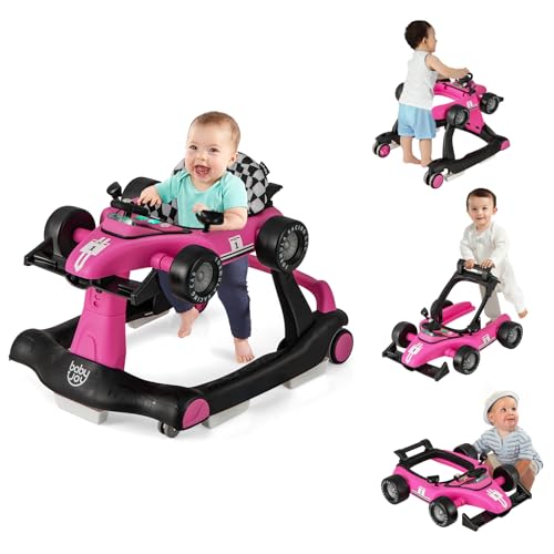 BABY JOY 4-in-1 Baby Walker, Foldable Activity Walker with Adjustable Height & Speed, Music, Lights, Anti-Rollover, Toddler Push Walker, Baby Walker with Wheels for Boys Girls 6-18 Months (Pink)